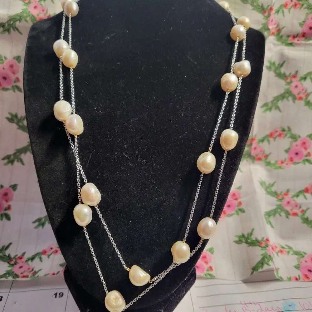 Baroque Freshwater Pearl Sterling Silver Station Necklace